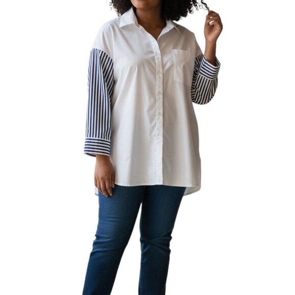 Ashley Stewart Plus Size White Blouse Striped Sleeve Button Front 14 NWT - Picture 1 of 7